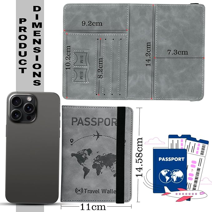 Storite Grey RFID Blocking PU Leather Travel Passport Holder Cover Travel Wallet Organiser Passport Case Travel Document Organiser for Men & Women (14.58 X 11CM- Grey)