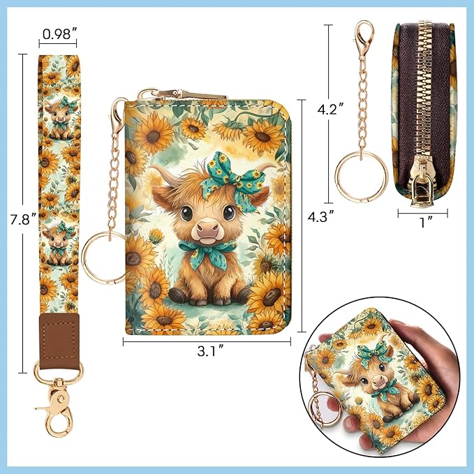 Blusabaca Wristlet Credit Card Holder for Women, Highland Cow Cattle Small RFID Blocking Wallet with Strap, Zipper Keychain Leather Card Case, Accordion Card Wallet Purse with Key Lanyard