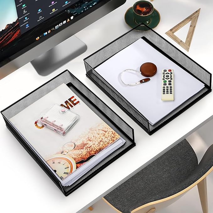 YOUEON 2 Pack Wire Mesh Letter Trays 12.8"x10"x2.9", Stackable Paper Tray Organizer for Desk, Metal Desk Magazine File Holder for Home, Office, School