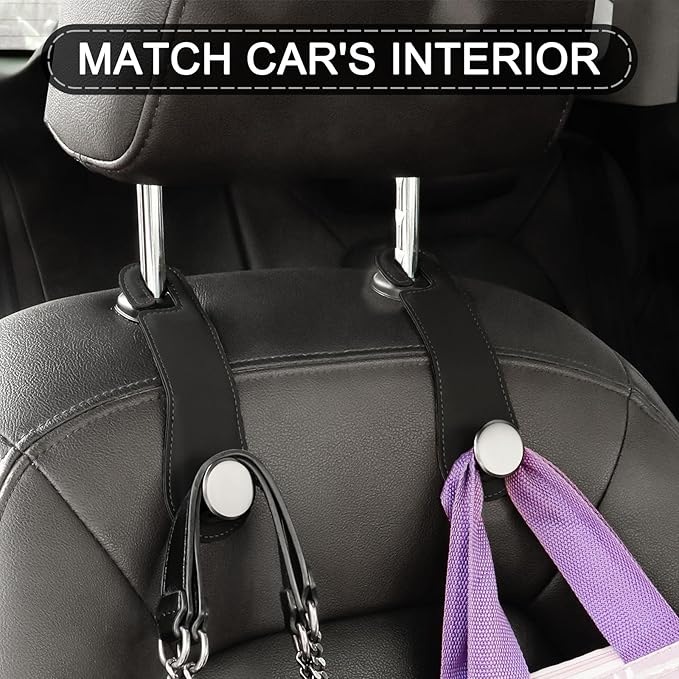 JESTOP Leather Car Seat Storage Hanger, 2 Pack, Stylish Seat Organizer Hooks for Purses, Bags, Coats, Umbrellas, Black