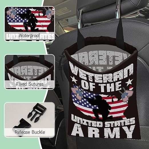 American Army Flag Car Trash Bag,Veteran United States Flag Hanging Drawstring Car Garbage Bag,Waterproof Canvas Car Back Seat Organizer with Adjustable Buckle,For Vehicles,SUVs,Camping,Road Trips