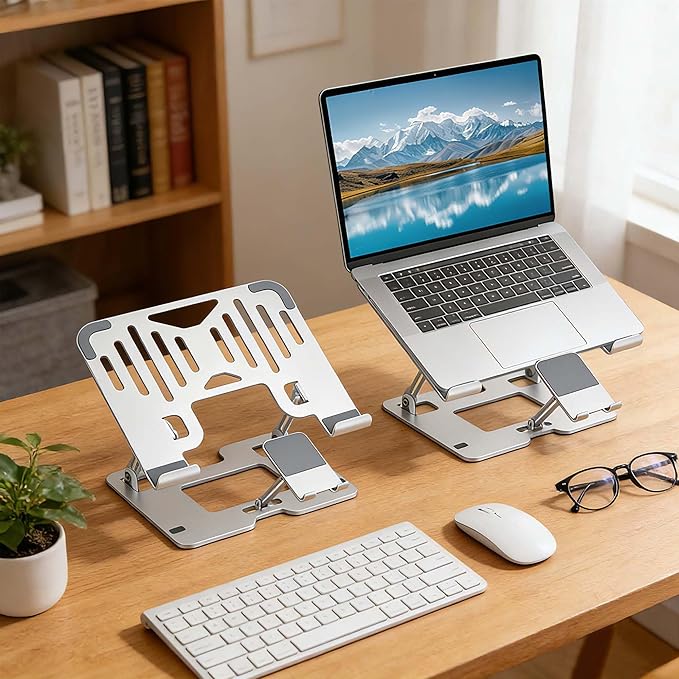Ergonomic 2-in-1 Laptop Stand for Desk with Phone Holder, Adjustable Laptop Riser, Computer Stand for Laptop, Sturdy and Portable Stand, Compatible with Most Laptops and Phones (White)