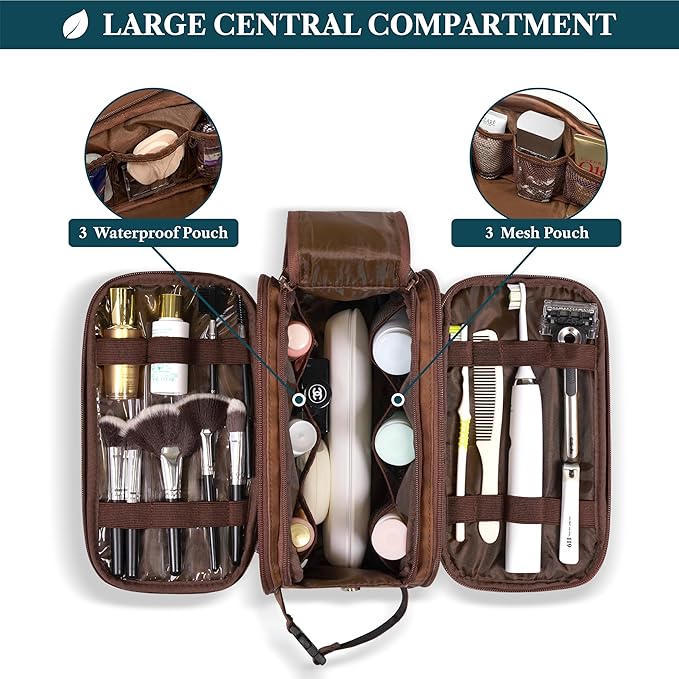 PAVILIA Toiletry Bag for Men, Hanging Travel Dopp Kit Organizer, PU Leather Water Resistant Bathroom Bag for Shaving Grooming, Large Capacity Cosmetic Bag Travel Essentials, Brown