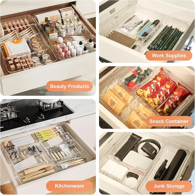 Expandable Drawer Organizer, Adjustable Shallow Tray, 11" to 19" Width | 1.97" Height, Clear Plastic Storage, For Bedroom/Living Room/Kitchen/Bathroom/Office, Cosmetic/Tools/Cutlery/Stationery
