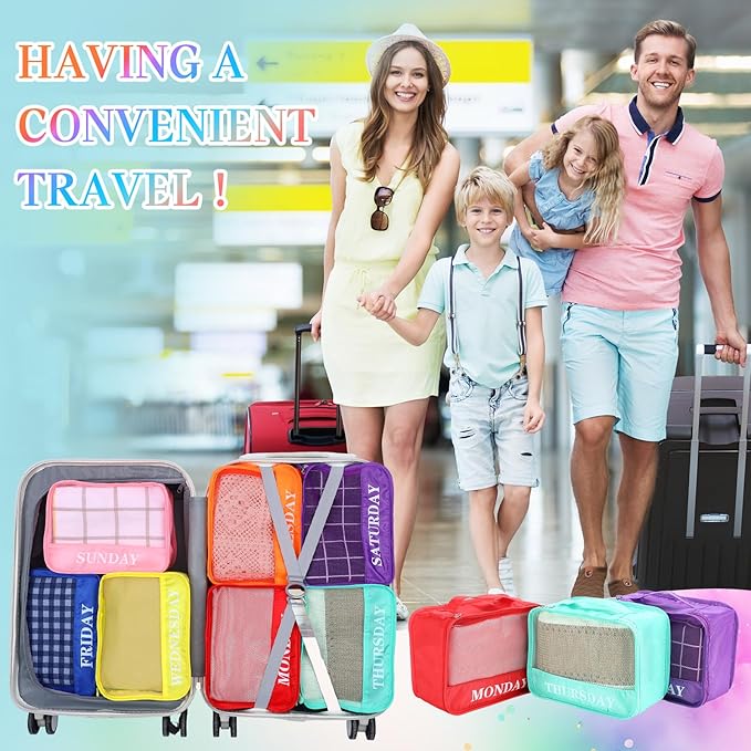 Days of Week Packing Cubes Weekly Organizer Travel Storage Bag School Clothes for Kids Summer Camp Family(9x7x3inch,Rainbow,15)