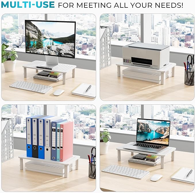 BONTEC Monitor Stand 2 Pack Height Adjustable Metal Riser with Pen Holder, White, 14.5??x 9.1?? Ergonomic Desktop Stand for Computer, Printer, Laptop, Adjustable Desk Riser with Cable Management