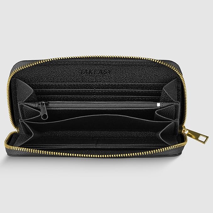 Italian Genuine Metallic Leather Wallet for Women with 3 Compartments & Zip Close | Small Rectangular Card Holder (Black)