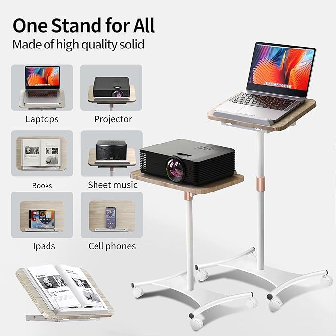 Rolling Laptop Stand, 2 in 1 Dual-use Floor & Desktop, Adjustable Height from 16.5" to 51", with 4 Lockable Casters, Small Mobile Standing Desk Perfect for Home, Office, Meeting Room, Study (White-N)