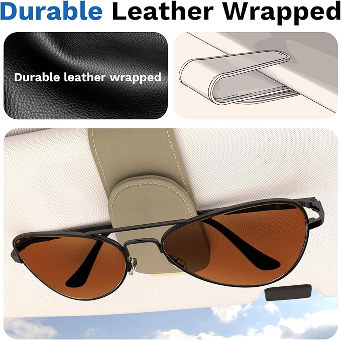 BFXM Sunglass Holder for Car, Sunglasses Holder Eyeglass Hanger Clip Magnetic Leather for Car Visor, Cars Sun Visor Ticket Card Clip