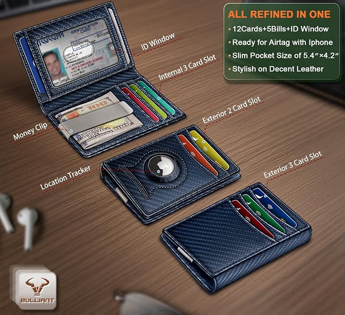 BULLIANT Men Airtag Wallet,Slim Wallet Money Clip Card Holder Magnetic Closure 12 Cards in Front Pocket RFID Blocking