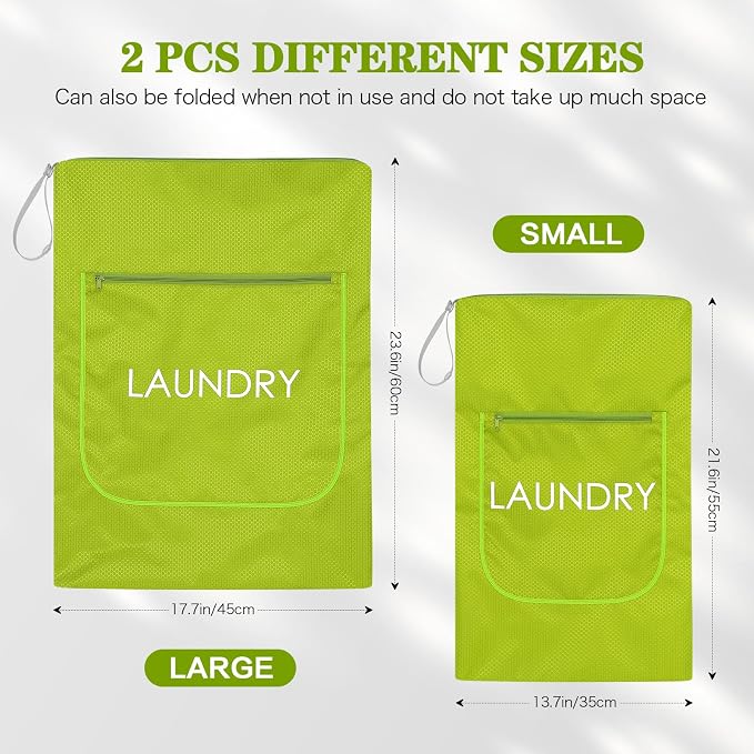 Weesiber 2 Pack Laundry Bags - Foldable Travel Dirty Clothes Organizer with Zipper, Washable Wet Dry Bag for Gym, Swimming, Yoga, and Workout Bathing Suits (Green, Small+ Large)