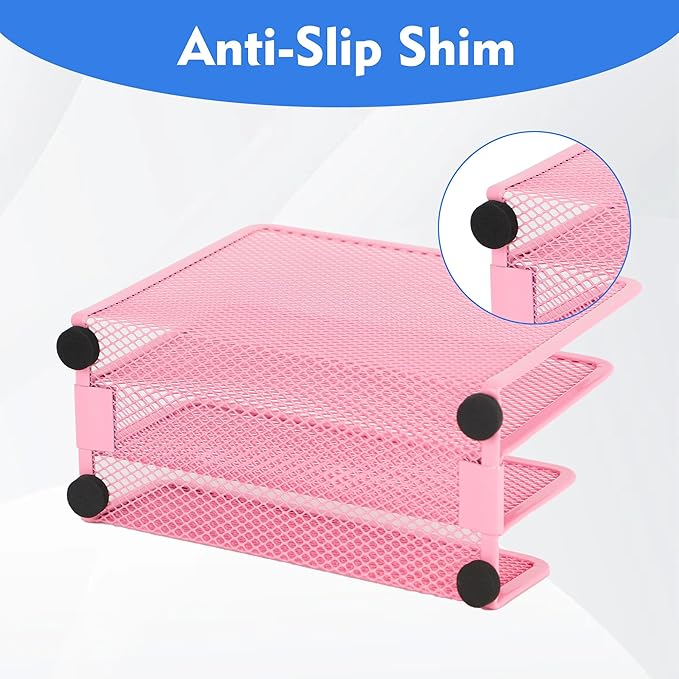 EASEPRES Desk Mail Organizer, Office Small Desktop Metal Mesh Envelope Letter Sorter Paper File Holder Organizer with 3 Vertical Upright Compartments, Pink 1 Pack