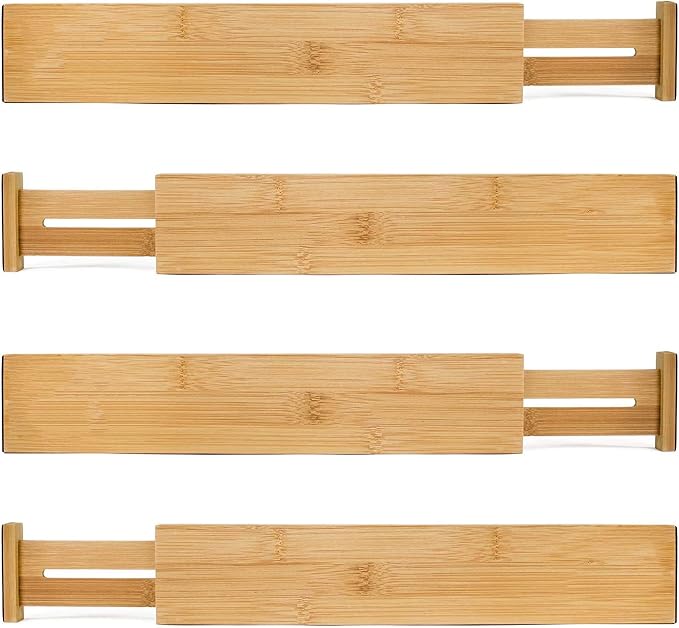 MEKBOK 4-pack Bamboo Kitchen Drawer Divider, Adjustable Drawer Storage, Spring loaded, Suitable for kitchens, Dressing tables, Bathrooms, bedrooms, Drawers, Desks
