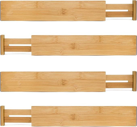 MEKBOK 4-pack Bamboo Kitchen Drawer Divider, Adjustable Drawer Storage, Spring loaded, Suitable for kitchens, Dressing tables, Bathrooms, bedrooms, Drawers, Desks