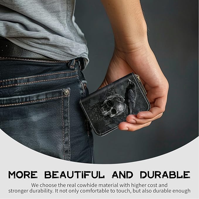 Cute Credit Card Holder with Zipper, Crow Skull RFID-Blocking Card Case Small Wallet for Women Men, Multi-slot Card Organizer Case Travel Accordion Wallet