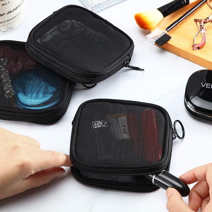 Weewooday 4 Pcs Mesh Makeup Bag Mesh Cosmetic Bag Travel Toiletry Pouch with Zipper Mini Makeup Cosmetic Purse for Daily Accessory(Small,Black)