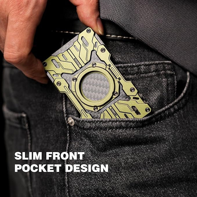 AirTag Wallet for Men – Slim Minimalist Metal Wallet with Carbon Fiber, RFID-Blocking Credit Card Holder, Magnetic Wallet & Built-in Phone Stand, Front Pocket Wallet Green