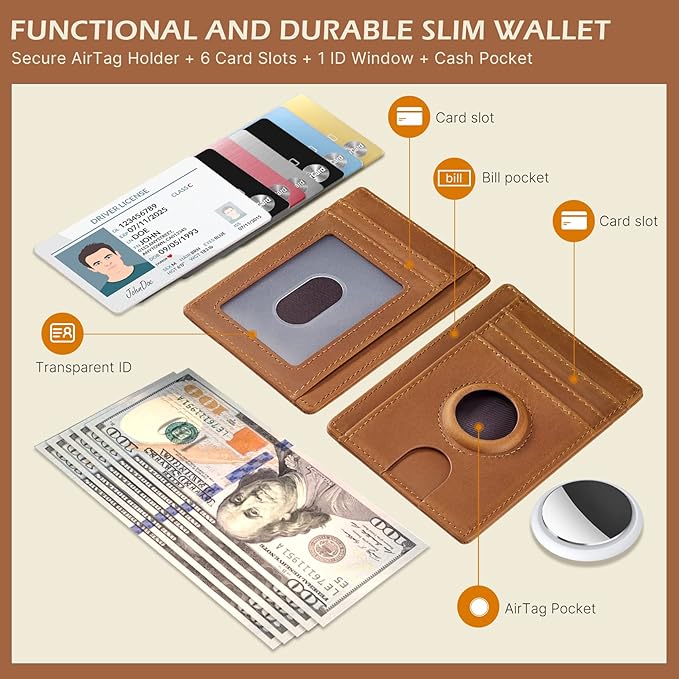 typecase Slim Minimalist Card Mens Wallet for AirTag, Front Pocket Premium Crazy Horse Leather Wallet with AirTag Holder, RFID Blocking Cash Credit Card Wallet Compatible with AirTag (Yellow)