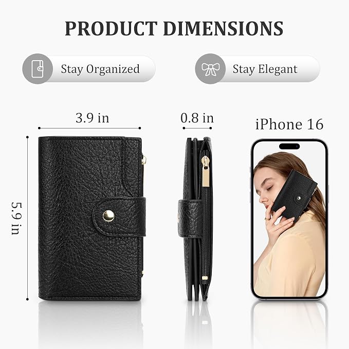 Airkit Small Women's Bifold Wallet, RFID Blocking Credit Card Holder with Zipper, Travel Cute Coin Pocket Wallet for Ladies, Black