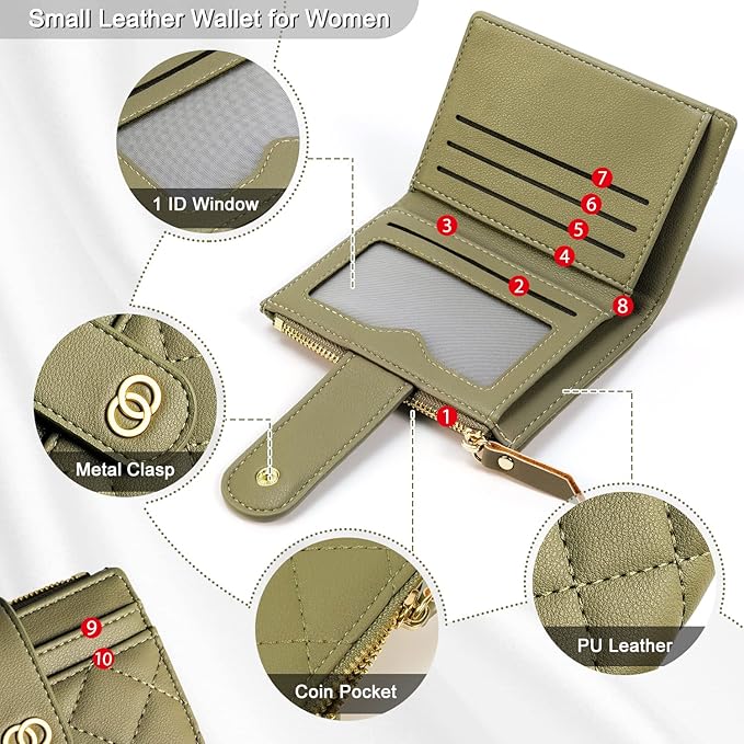 Avando Small Wallet For Women- Credit Card Holder Wallet For Women Girls- Zipper Small Bifold Wallet Mini Coin Purse With ID Window (Olive Green)