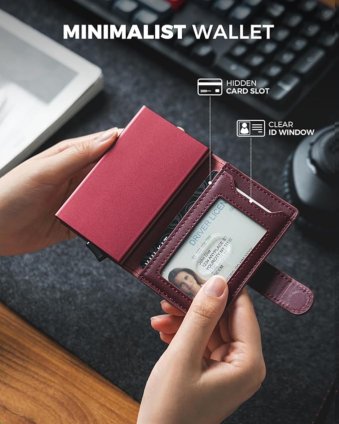 VULKIT Slim Bifold Pop up Wallet Minimalist Leather Card Holder RFID Blocking Metal Card Case with ID Window for Women | with Leather Slots, RFID Blocking, Slim, Metal Card Case