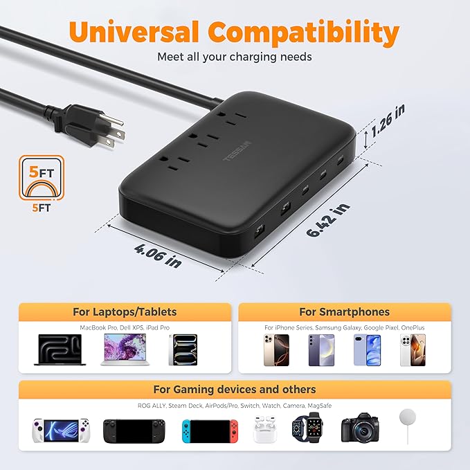 PD 130W Charging Station for Multiple Devices, TESSAN 8-in-1 USB C Charger Block Compatible with iPhone 17/16/15, MacBook, Tablet, Charging Dock with 3 USB-C, 2 USB-A & 3 AC, Home Office Accessories
