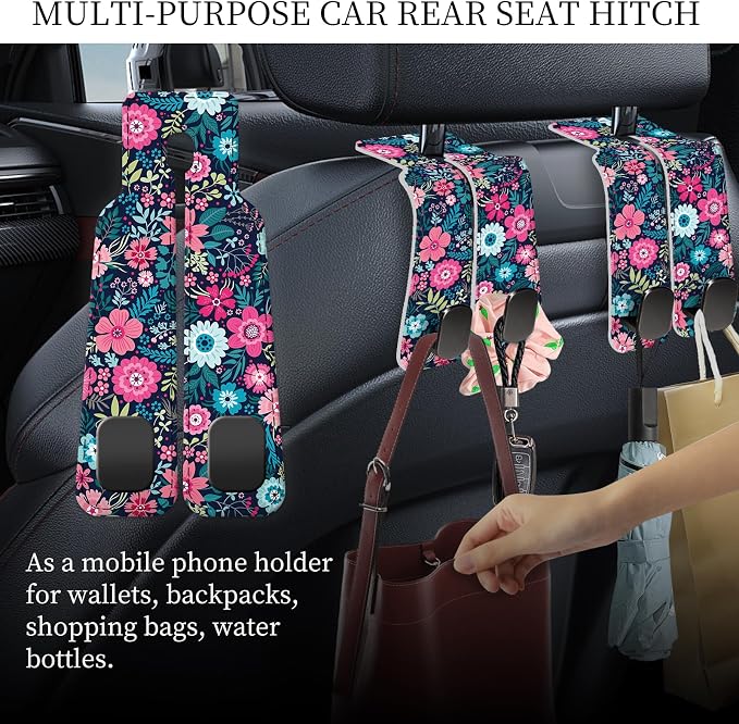 PU Leather Car Seat Hook, Storage Headrest Hanger, Cute Car Backseat Organizer, Car Hooks For Purses and Bags Pink Blue Flowers