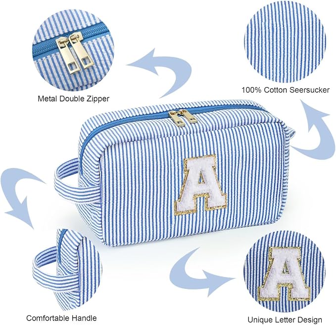 YOOLIFE Initial Makeup Bag for Women - Monogram Cute Makeup Bag Cosmetic Case Toiletry Pouch for Women Her Best Friend Sister Teacher, Personalized Birthday Gifts for Women, Blue O
