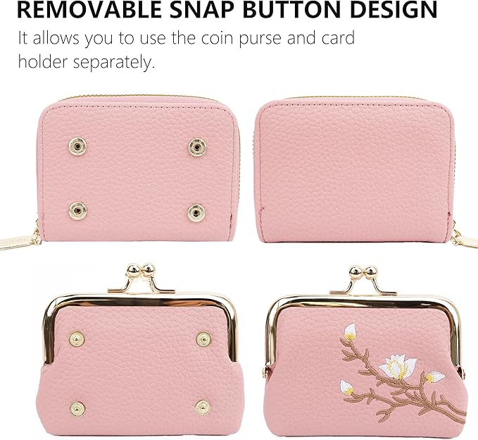 Women's Pebble Leather Wallet, 2-in-1 Zip-Around Credit Card Holder with Kiss Lock Coin Purse, Cute Change Purse with Secure Clasp & Card Slots (Pink, Small)