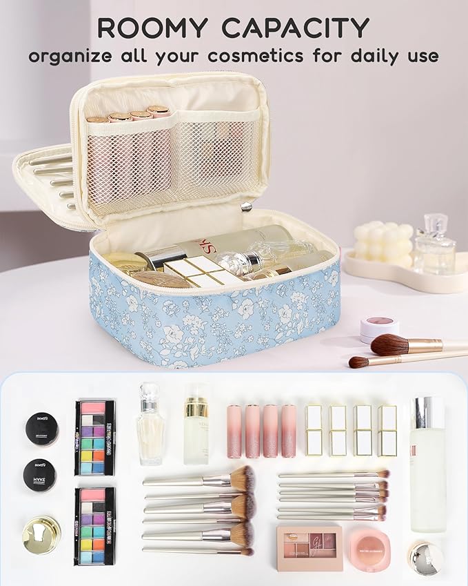 Relavel Travel Makeup Bag, Small Floral Cosmetic Bag with Makeup Brush Compartment, Portable Makeup Pouch for Women, Double Layer Makeup Organizer Bag Cute Toiletry Bag, White Flower