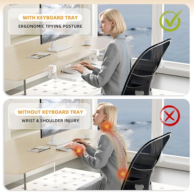 Keyboard Tray Under Desk, Pull Out Keyboard Tray with C Clamp Mount, 25.6" (29.7" Including Clamps) x 11.8" Slide-Out Platform Computer Drawer for Typing, Keyboard & Mouse Tray, White