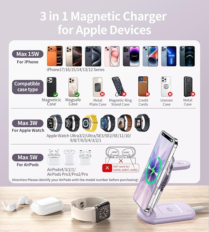 3 in 1 Magnetic Wireless Charging Station for Apple Devices, Fast Foldable Travel Mag-Safe Charger Stand with Night Light for iPhone 17 16 15 14 13 12 Series, Apple Watch/AirPods Pro, PU