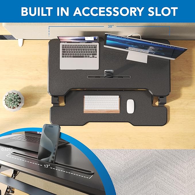 Mount-It! 38 Inch Standing Desk Converter - Gas Spring Sit Stand Desk Riser for Dual Monitors - Height Adjustable Desktop Workstation with Keyboard Tray - Black