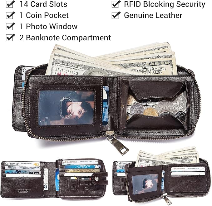 gzcz Zipper Wallet For Men Genuine Leather RFID Blocking Bifold Wallet for ID Window, Zip Coin Pocket and Credit Card Holders Large Capacity (Coffee)