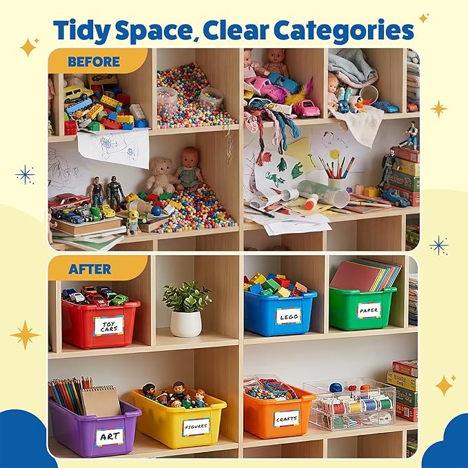GAMENOTE 6 Quart Open Storage Bins – 12 Pack Rainbow Plastic Stackable Bins for Classroom & Kids Toy Organization with Removable Labeling Stickers, Opaque Shoe Box Size Containers for Crafts & Buildin