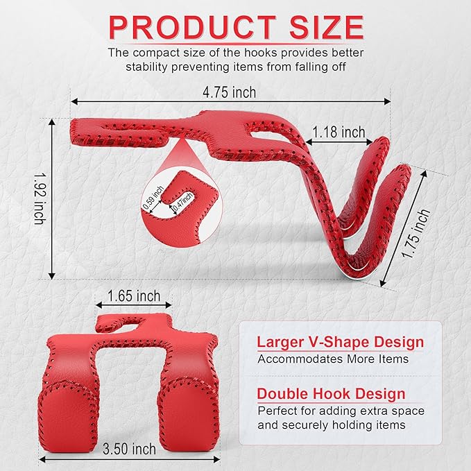 LivTee Upgraded Superior Leather Car Seat Back Headrest Hook, 2 in 1 Auto Seat Hook Hangers Holder Organization Interior Accessories for Purses Coats Umbrellas Grocery Bags Handbag (Red)