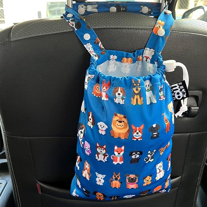 Waterproof Car Trash Bag Reusable Portable Garbage Can with Drawstring Top Adjustable Hanging Strap Leakproof & Washable for Cars SUVs & Trucks (Dog Family)