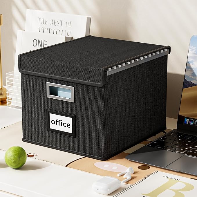File Organizer Boxes with Lids, Collapsible Linen Hanging Filing & Storage Boxes with Plastic Slide for Office/Decor/Home, Filling System for File/Folders/Document Storage -2 Pack