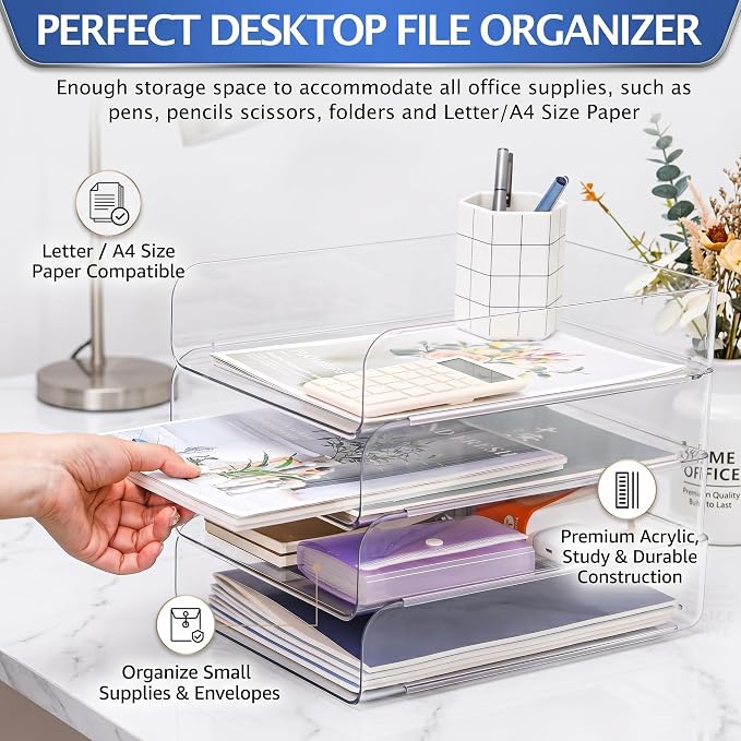 CiWiVOKi 4 Trays Paper Organizer Letter Tray, Acrylic Clear PET Desk File Organizer, Stackable Paper Holder Sorter for Desk Accessories, Files, Documents, iPad, Books, A4 Size, No Assembly Required