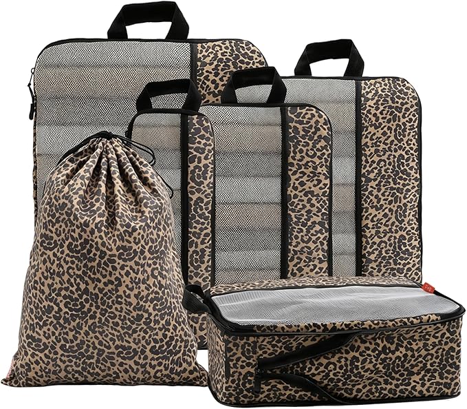 U+U 6 Set Compression Packing Cubes - Ultralight Travel Organizers with Laundry Bag, Space-Saving Suitcase Organizer, Expandable Packing Cubes for Travel, Business Trip and Family Vacation (Leopard)