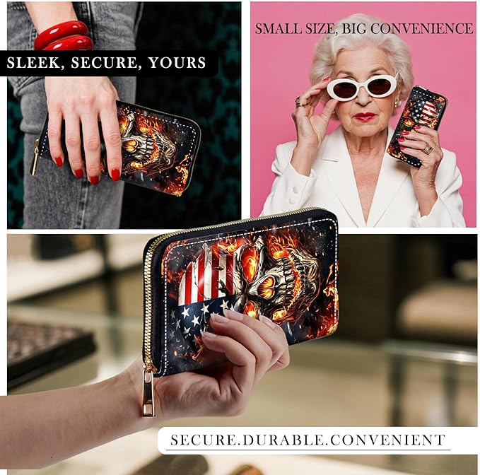 RFID-Blocking Zip Around Wallets for Women with Detachable Wrist Strap,Large Capacity Phone Holder with Card Organizer & Coin Pocket,American Flag Flame Skull