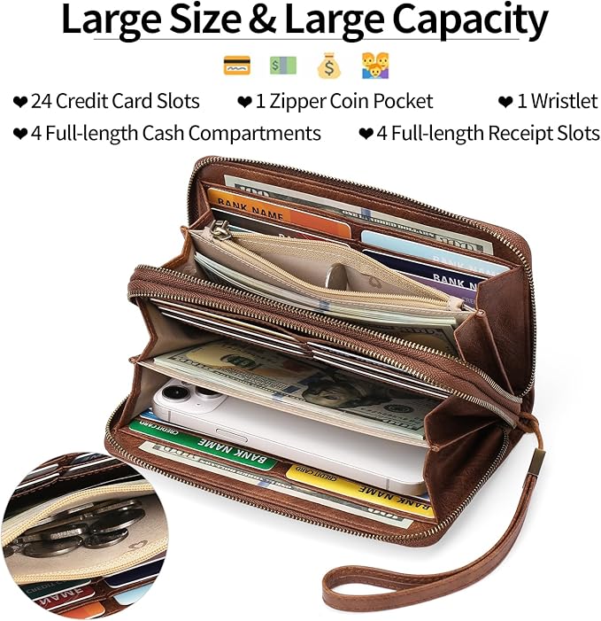 GAEKEAO Wallet for Women Clutch RFID Blocking Wristlet Leather Purse Large Capacity Credit Card Holder with Grip Hand Strap