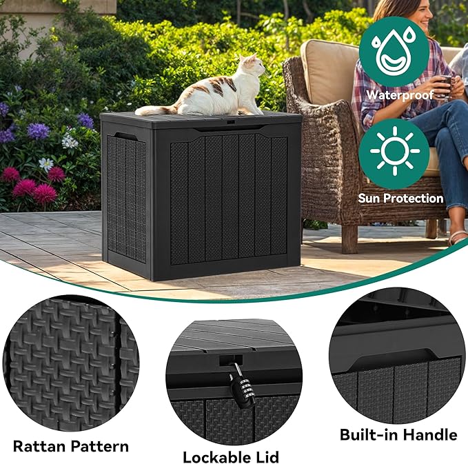 YITAHOME 30 Gallon Resin Deck Box, Weather Resistant Outdoor Rattan Storage Box, Lockable Indoor Outdoor Storage for Supplies and Essentials, Black