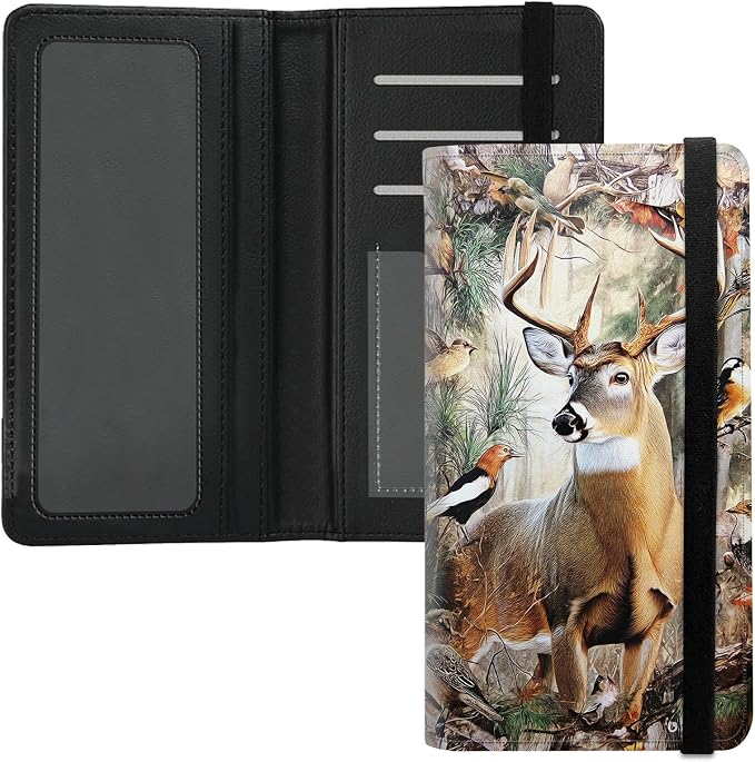 Premium PU Leather Checkbook Cover for Men & Women,RFID Blocking Slim Check Book Holder with Duplicate Check Divider & Pen Holder,Fits Standard Personal Checks,Camouflage Forest Deer-1