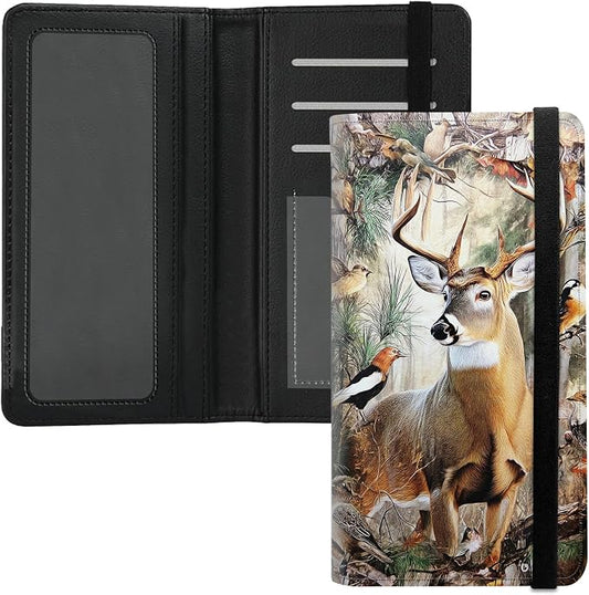 Premium PU Leather Checkbook Cover for Men & Women,RFID Blocking Slim Check Book Holder with Duplicate Check Divider & Pen Holder,Fits Standard Personal Checks,Camouflage Forest Deer-1