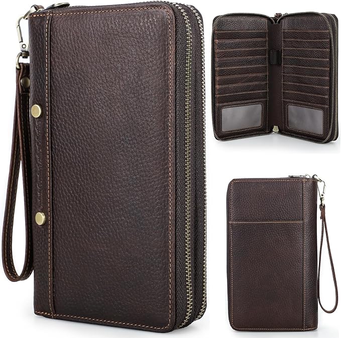 Top Grain Genuine Leather Clutch Wallet with Wristlet for Man & Woman, Handmade Vintage Design, Multi Pockets & Side Pocket & Slots, RFID Large Capacity for Cards/Checks/Money/Passport/Pen, Red Coffee