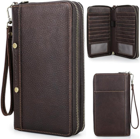 Top Grain Genuine Leather Clutch Wallet with Wristlet for Man & Woman, Handmade Vintage Design, Multi Pockets & Side Pocket & Slots, RFID Large Capacity for Cards/Checks/Money/Passport/Pen, Red Coffee
