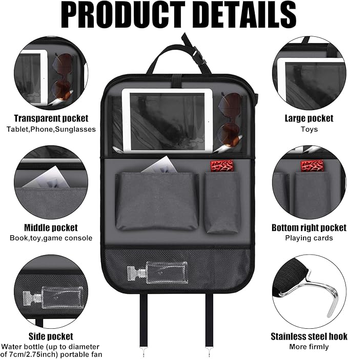 2 Pcs Backseat Car Organizers with Table Tray, 6 Storage Pockets Car Organizer with Tablet Holder, Kick Mats Protectors for Kids Travel Accessories Black, Unisex(Classic,Grey)