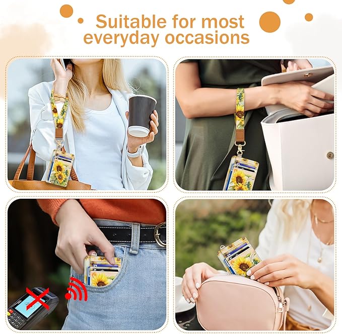 Yonlevres Sunflower Credit Card Holder Slim Wallet, RFID Wallet Women Front Pocket Wristlet Lanyard, Small Card Holder Travel Funny Cute Thin Card Case ID Window PU Leather Card Organizer Gifts Girls