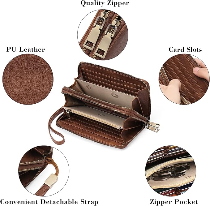 GAEKEAO Wallet for Women Clutch RFID Blocking Wristlet Leather Purse Large Capacity Credit Card Holder with Grip Hand Strap